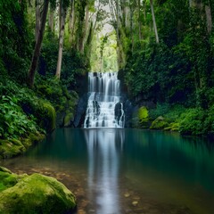 Fototapeta na wymiar Picturesque waterfall surrounded by dense foliage in a tranquil forest For Social Media Post Size