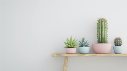 A cactus in a simple pastel-colored pot sits on a wooden shelf against a white wall background, with ample copy space.


