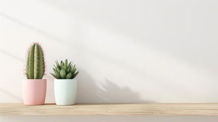 Cactus in a simple pastel-colored pot on a wooden shelf against a white wall background, with copy space - Powered by Adobe