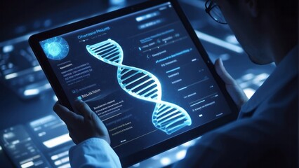 DNA molecule, Doctor using tablet and check with analysis chromosome DNA genetic