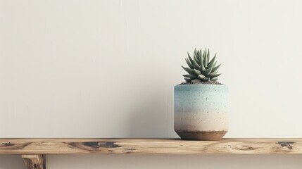 Cactus in a simple pastel-colored pot on a wooden shelf against a white wall background, with copy space