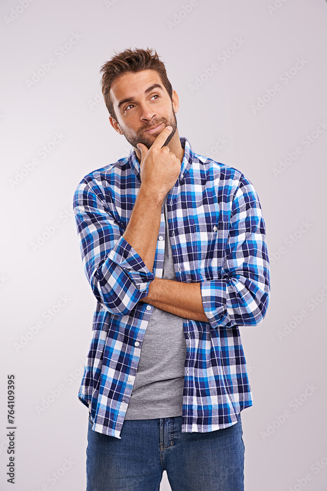 Aufkleber man, thinking and future vision in studio or inspiration thoughts or brainstorming solution, problem