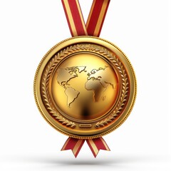 a 3D-rendered golden medal includes a globe element with red ribbon