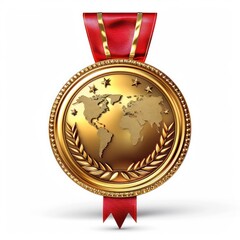 3d render golden medal with globe, white background