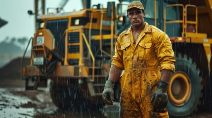 A burly and strong miner standing in front of heavy machinery, against a backdrop of post-rain scenery