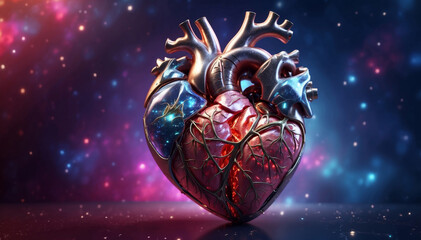 Detailed 3d illustration of a human heart with glowing light on dark blue background - obrazy, fototapety, plakaty