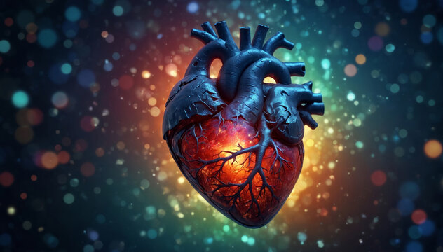 Detailed 3d illustration of a human heart with glowing light on dark blue background