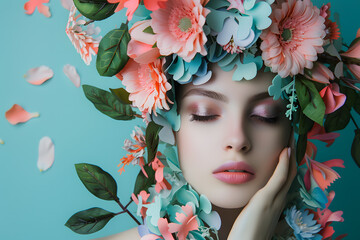 A Fashion Collage art of beautiful young woman face with flowers and leaves in pastel colors