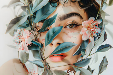 A Fashion Collage art of beautiful young woman face with flowers and leaves in pastel colors