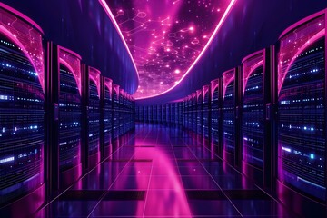 Big modern server room, data center or mining farm interior with racks and neon computer lights. Background for IT, crypto theme.