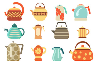 Vector cute tea kettles set. Vintage kitchen tableware collection. Ceramic or porcelain utensils illustration. Teapots and kettles isolated on white.