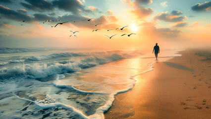 A solitary figure walking along the shoreline at sunset, with birds flying and waves gently breaking in the background.