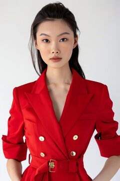 Portrait of a pretty young woman super model of Chinese ethnicity wearing a chic red blazer dress with structured shoulders, gold button accents, and a belted waist