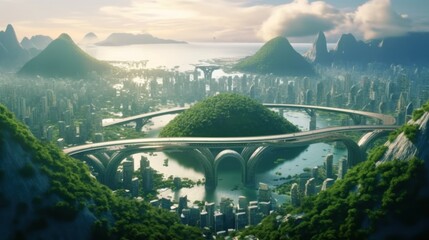 Green ecofriendly city of the future. Futuristic cloud floating city, data transfer