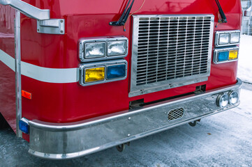 A red fire truck is moving towards the fire. Shiny radiator grille and fire truck bumper. A rescue...
