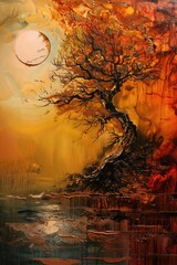 Surrealist nature painting portraying solitary autumn trees with warm hues.