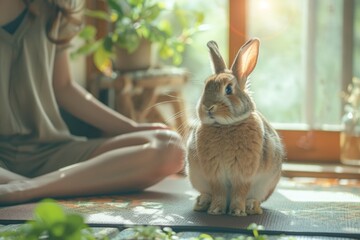 Woman Practicing Morning Yoga with Pet Rabbit in Apartment, Embracing Emotional Animals Support and Harmony Human-animal Bond