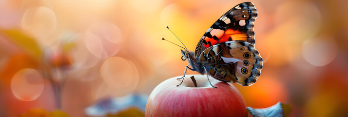 side butterfly perched on an apple outdoors.