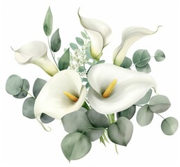 Watercolor clipart of a bouquet featuring white orchid and eucalyptus flowers