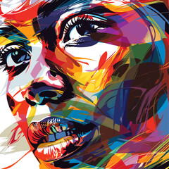 Pop art portrait of a girl with multi-colored strokes of paint under the watercolor technique of drawing vector illustration