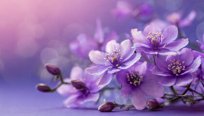 Blooming purple flowers on purple background. Spring season. Floral artistic concept.