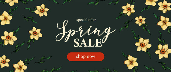 Spring sale banner with hand draw tulips, leaves. Can be used for template, banners, wallpaper, flyers, invitation, posters, brochure, voucher discount. Vector illustration