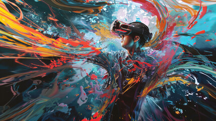 An individual engages with a virtual reality experience, surrounded by a fantastical explosion of digital paint splatters