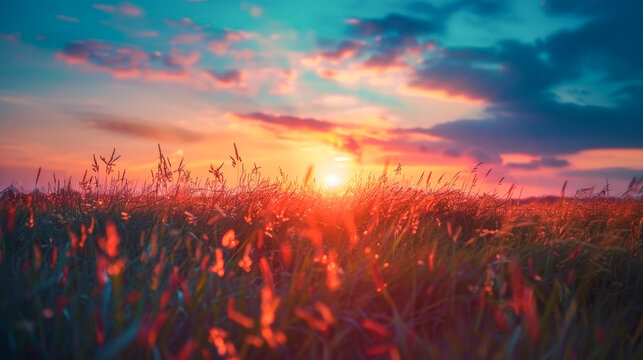 A field of grass with a bright orange sun in the sky