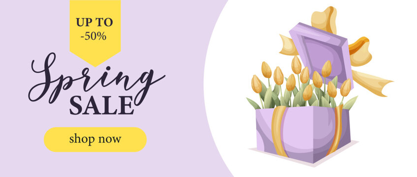 Spring sale template design with tulips, leaves. Can be used for template, banners, wallpaper, flyers, invitation, posters, brochure, voucher discount. Vector illustration