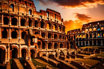 A majestic colosseum standing tall against a vibrant sunset, casting dramatic shadows on the...