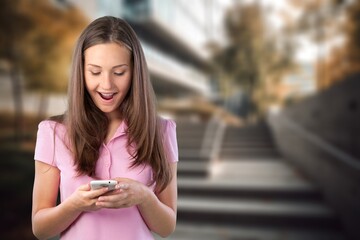 Happy young woman hold mobile phone