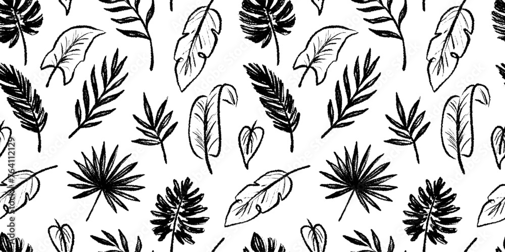 Aufkleber black leaf seamless pattern vector background. hand drawn crayon abstract texture tropical tree leaf