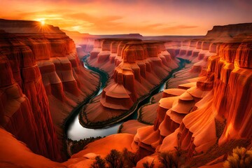 A breathtaking canyon carved by a winding river through rust-colored cliffs in the soft glow of sunset.