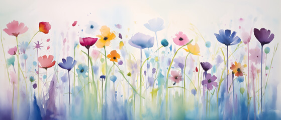 Abstract art, colorful painting art of watercolor a spring flower meadow for banner background. - 764112144