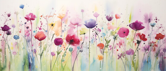 Abstract art, colorful painting art of watercolor a spring flower meadow for banner background. - 764112195