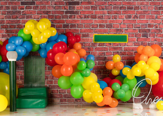 street photography background with colorful balloons and green door