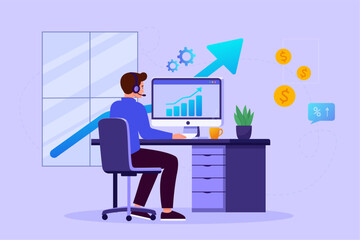 Economic development vector illustration. A man sits at the computer with his back and analyzes a growth chart