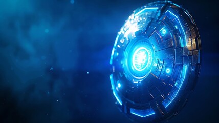 Futuristic security concept with a glowing shield in macro detail against a blue digital backdrop