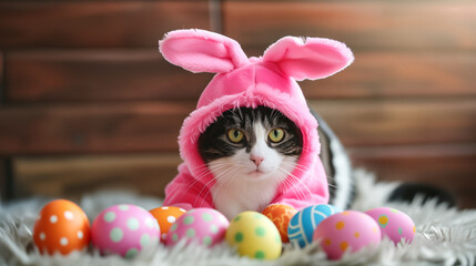 Black and white cat and easter eggs. Black and white cat 
wearing Pink Rabbit Costume.  Happy easter