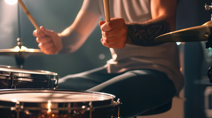 Drummer in action. Drummer playing drum sticks on a snare drum, close up.