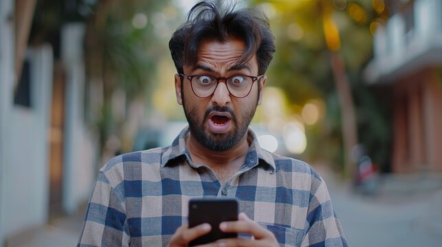 Un hombre indio recibiendo noticias desde su tel&eacute;fono m&oacute;vil que le causan sorpresa. Concepto de noticias sorprendentes. 