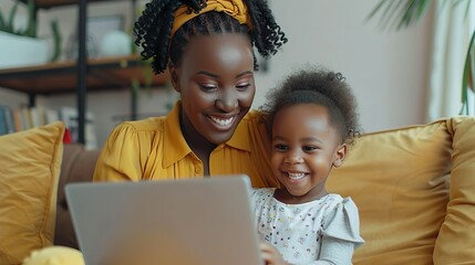Una madre africana y su hija disfrutan en su casa mirando el ordenador y conectadas a una videoconferencia.  - obrazy, fototapety, plakaty