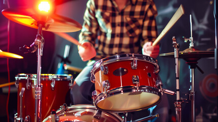 Fototapeta na wymiar Drummer playing drum sticks on a snare drum, close up.