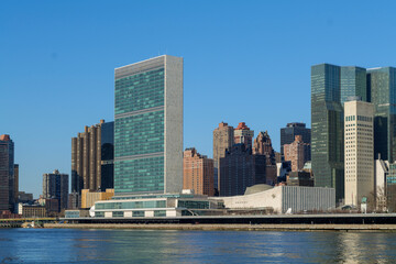 Fototapeta na wymiar Midtown Manhattan skyline, United Nations Building View on a Clear Blue day, New York City. High-quality photo