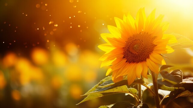 Summer sunflower banner on blurred nature background for agriculture promotion in sunny season