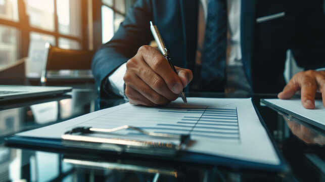 A businessman in a suit is deeply engrossed in financial report data on a clipboard with a pen in hand