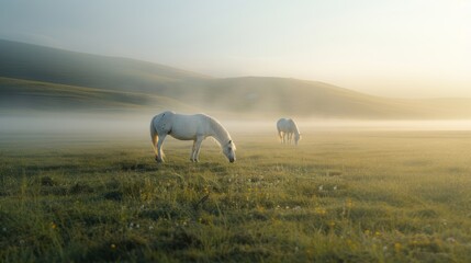 Obraz na płótnie Canvas The white horse on the grassland in the morning, with the light dust, the scenery is large