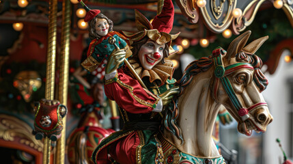 Fototapeta na wymiar jester sitting on top of an ornate carousel horse