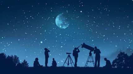 group of people observing stars with a telescope at night on a hill with the starry sky in high resolution and high quality. concept stars, telescope, night, universe, galaxies, planets
