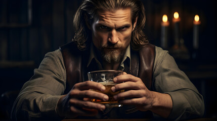 Portrait of a brutal charismatic man with a beard and long hair holding a glass of whiskey in a bar with dimmed lights and lit candles. Lifestyle concept - Powered by Adobe